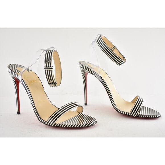 Christian Louboutin Jonatina 100 Black White Stripes Patent Sandal Heel Pump 37 - Picture 5 of 12